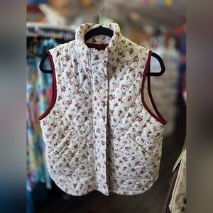 Blu Pepper Quilted Vest with Floral Design and Burgundy Trim